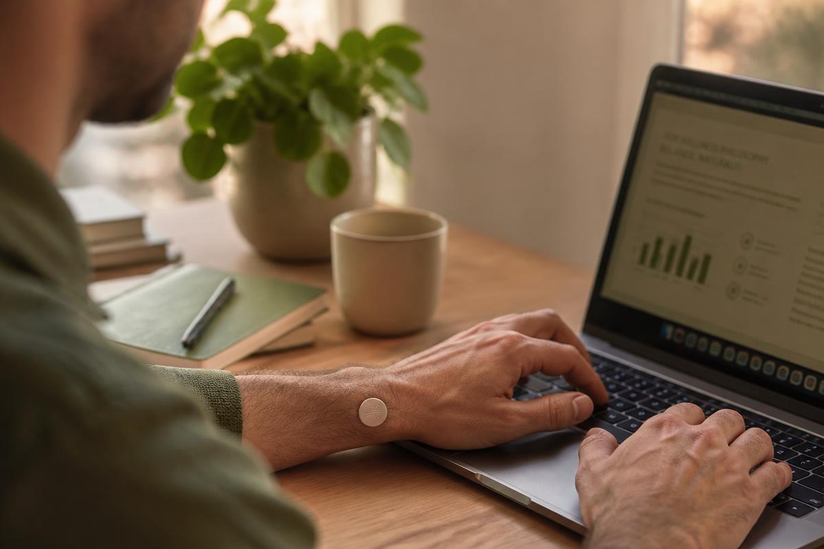 Man with a wellness patch on his wrist while working